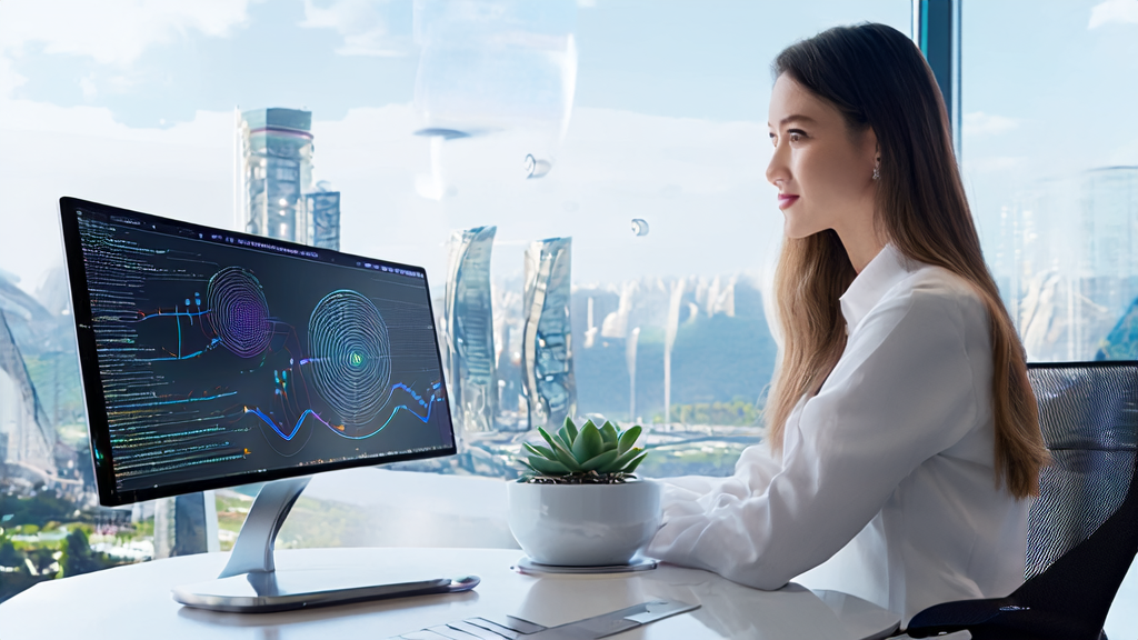 未来感办公室中，企业家利用AI技术优化营销策略