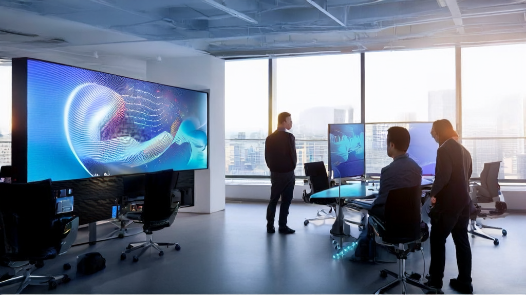 现代化办公室中员工使用AI技术分析海外市场数据，展示AMD与OpenAI合作带来的强大AI计算能力