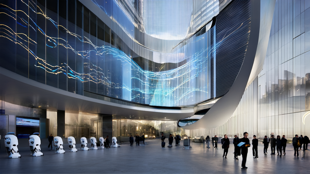 A modern office scene in a futuristic city, showcasing the application of AI technology in customer acquisition