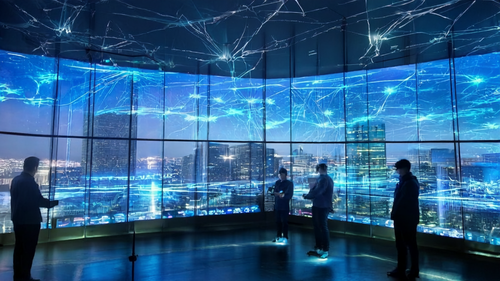 工程师们在现代化办公大楼内开发AI获客系统，窗外是充满科技感的未来城市。