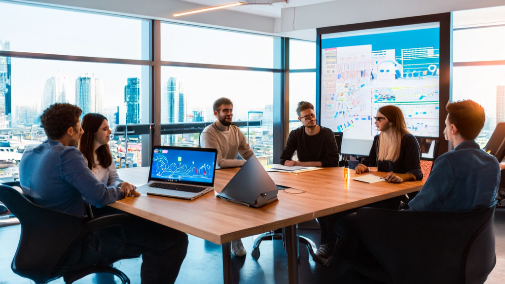Engineers in a high-tech office analyzing data from an AI-driven customer prediction model