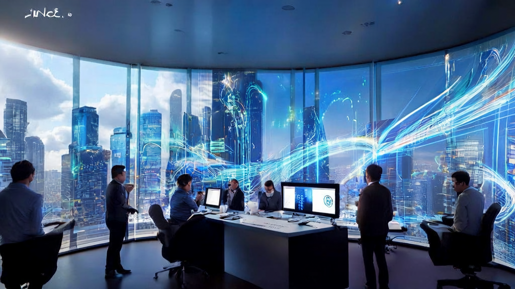 Entrepreneurs in a futuristic city using AI prediction models and Geostar's "GEO" strategy to optimize customer acquisition processes