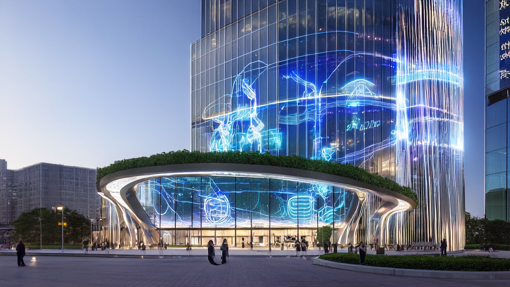 A modern independent station office building with a large AI robot sculpture in front, symbolizing the importance of AI technology in customer acquisition.