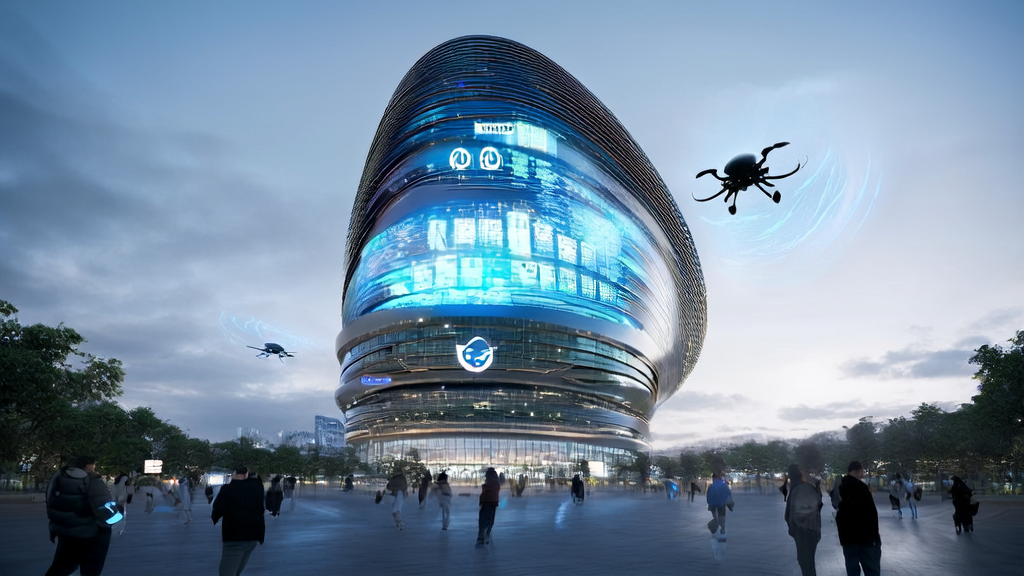 未来城市的高科技大厦展示阿里“千问 App”,人们与虚拟助手互动,无人机传递包裹和广告信息。