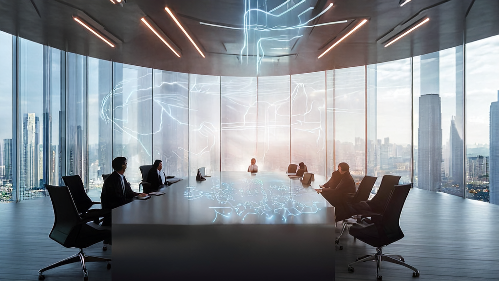 Business professionals discussing AI-driven customer acquisition solutions in a modern conference room with complex data charts on the screen.