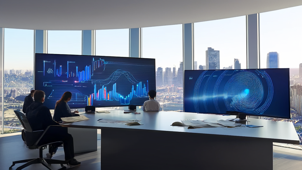 In a modern office, a team discusses AI customer prediction models with a city skyline in the background