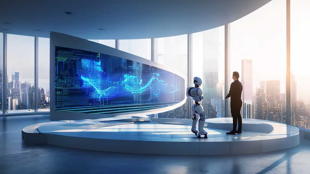 In an office within a futuristic city, an analyst is using AI-driven customer acquisition solutions to analyze data, with sunlight streaming through the windows.