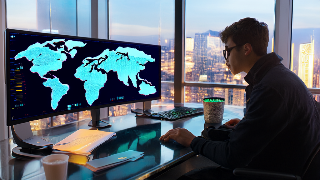 Young entrepreneur using Kimi "OK Computer" for cross-border e-commerce customer acquisition in a modern office