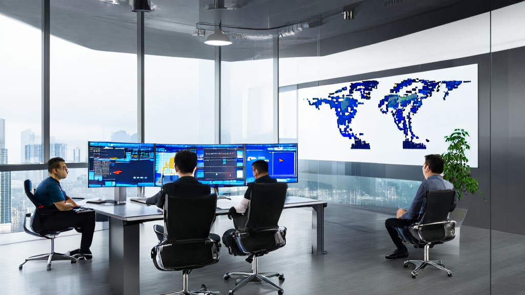 现代化的营销公司办公室内景，员工们利用AI工具进行客户获取和数据分析，背景是繁华的城市景观。