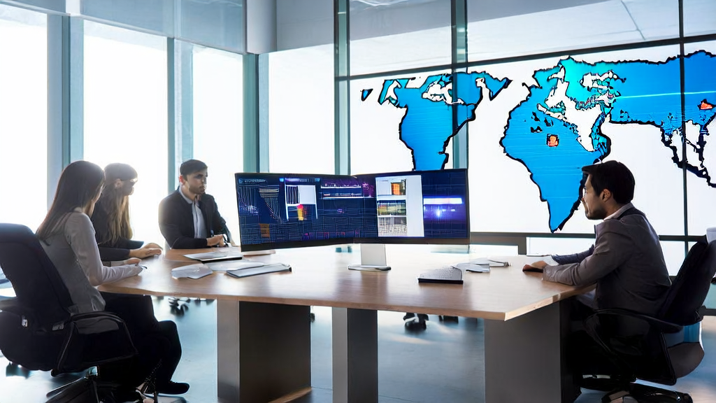 Modern office where employees use AI-driven customer acquisition systems for export trade analysis