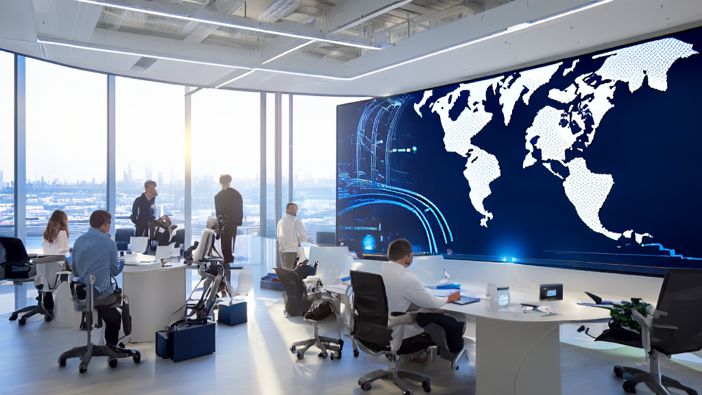 现代化办公室中工程师们使用AI技术优化客户获取流程