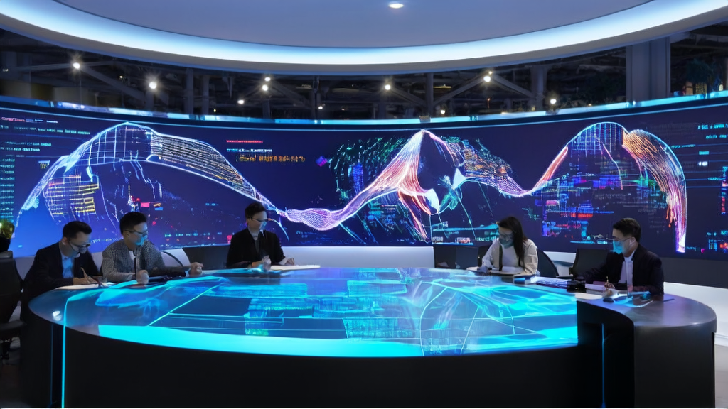 Futuristic office where employees use AI technology for efficient customer acquisition and image editing
