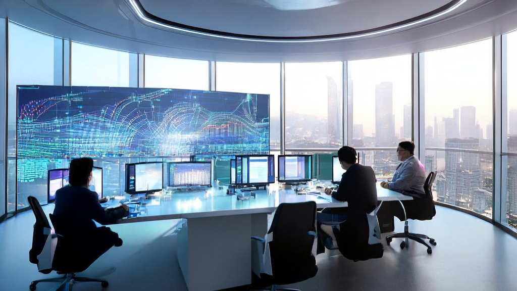 In a futuristic office, export company employees are using AI-driven customer acquisition solutions and an AI-enhanced CRM system to process customer information.