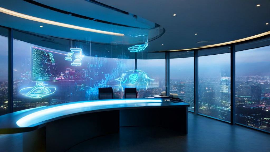 A futuristic office showcasing AI-driven customer acquisition solutions, including a smart computer, holographic virtual assistant, and success stories of Tencent Yuanbao on WeChat Video Channel comment sections.
