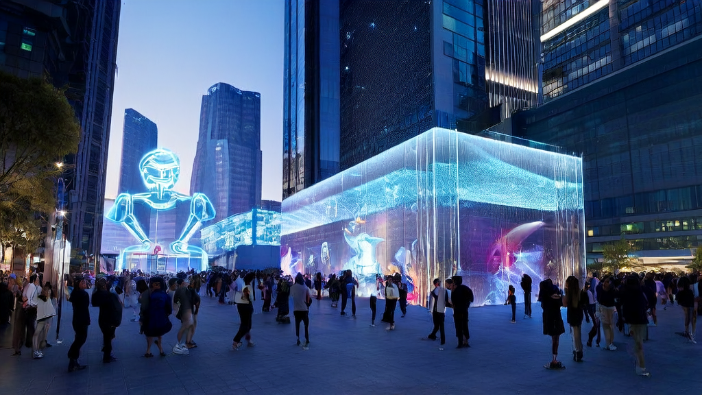 未来城市中展示腾讯混元Hunyuan-A13B模型的场景，人们围观并了解其如何革新市场格局
