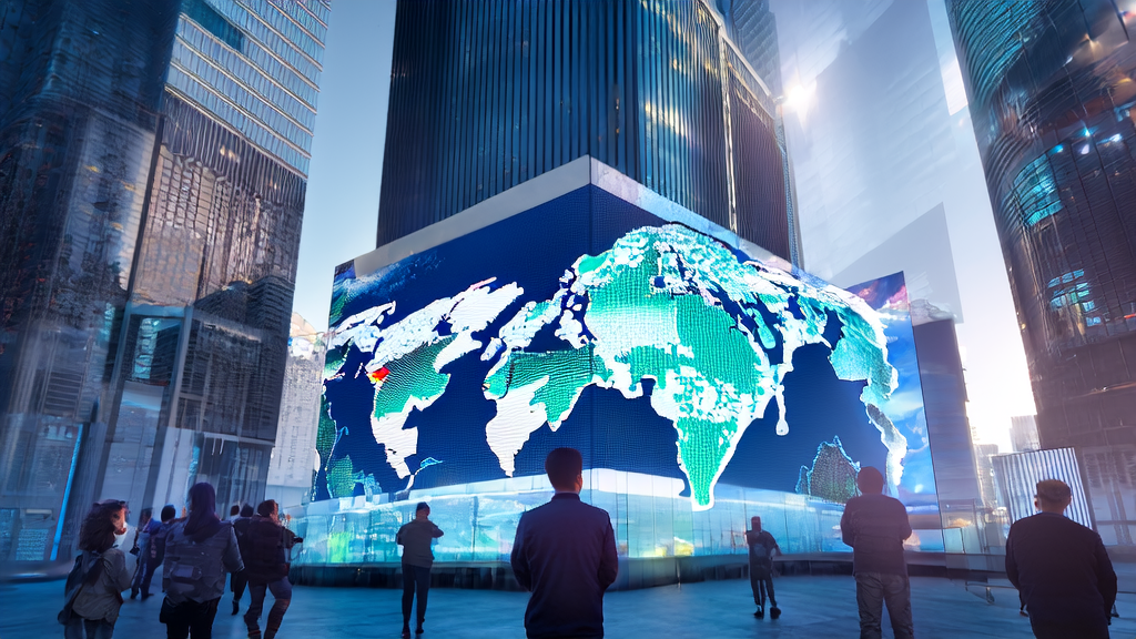 In a futuristic city, an entrepreneur uses AI technology for global customer acquisition, showcasing AI-driven customer acquisition solutions.