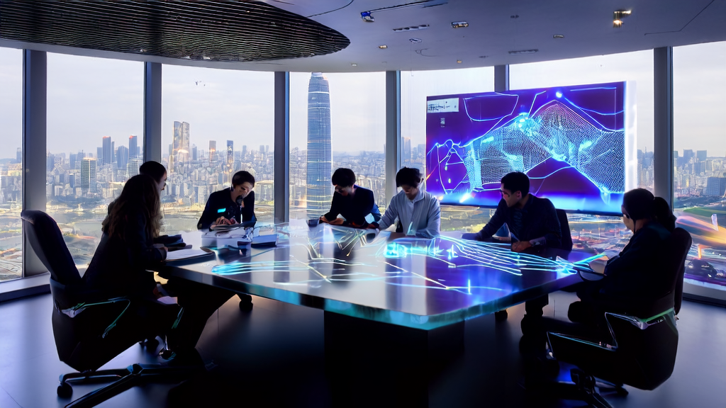 Young entrepreneurs in a modern office discussing AI-driven customer acquisition solutions, with a bustling city skyline in the background.