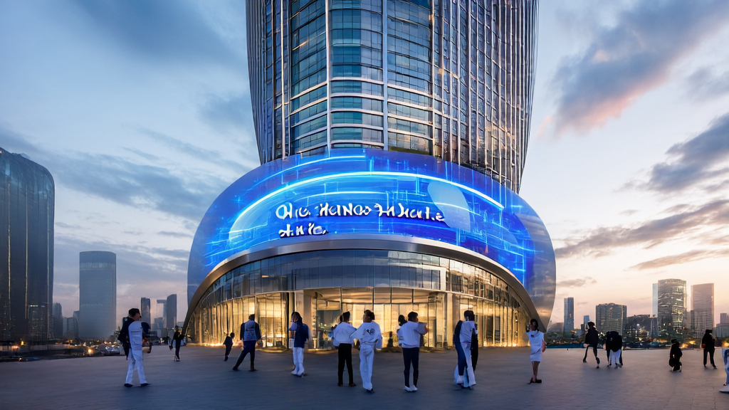 Interactive smart screen showcasing AI-driven customer acquisition solutions in front of a tech company building