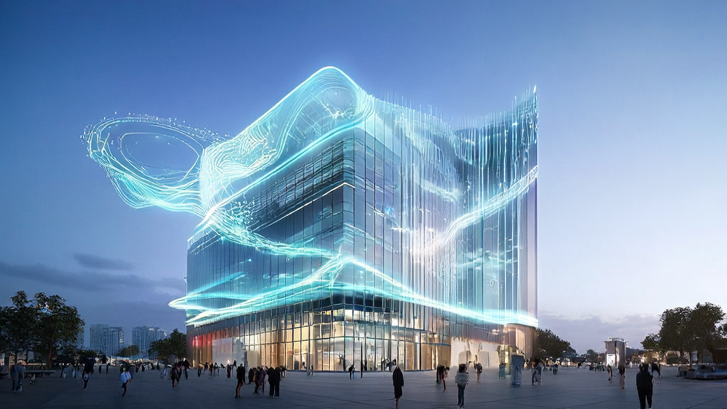 In a modern office building bathed in sunlight, a team is enthusiastically discussing AI technology, showcasing Alibaba's ThinkSound sound effect generation technology