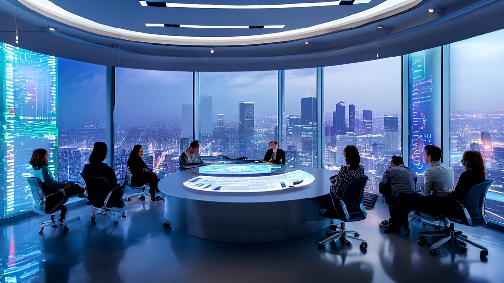 AI-driven customer acquisition solutions are reshaping B2B marketing strategies, depicted by a modern office scene where a team uses intelligent tools for precise marketing.