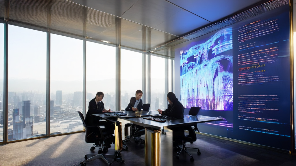 AI-driven customer acquisition solutions, showcasing technical personnel and complex data models in a modern office.
