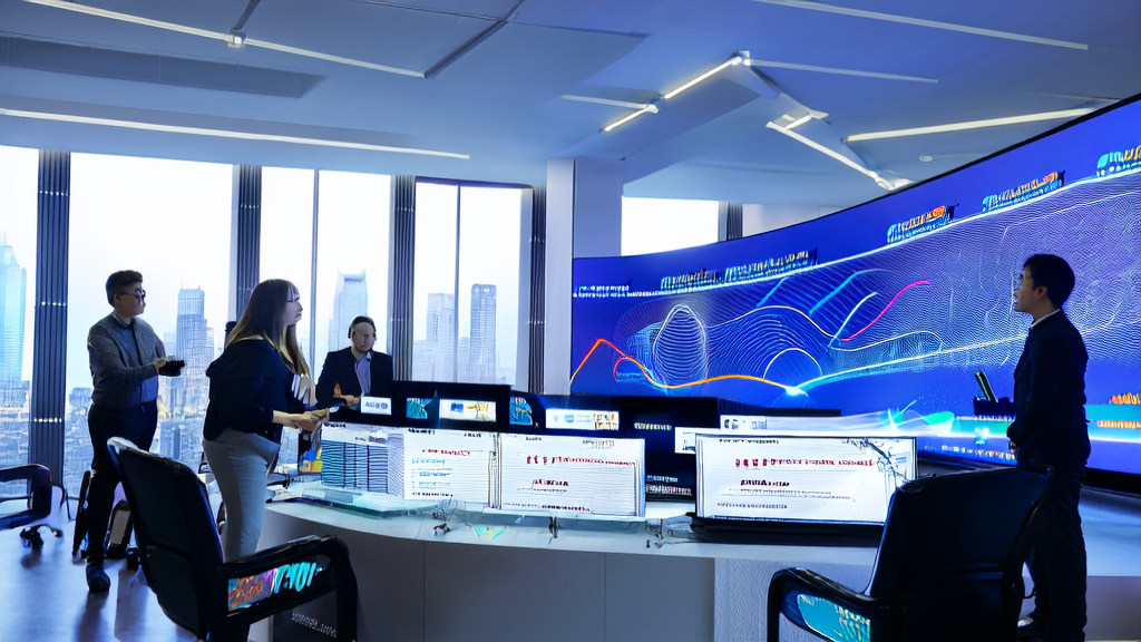 Tech professionals discussing AI-driven customer acquisition solutions in a modern office environment