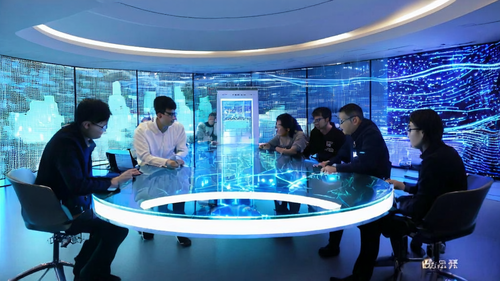 A group of engineers discussing AI-driven customer acquisition solutions in an office, with a data flow diagram and a smart robot in the background.