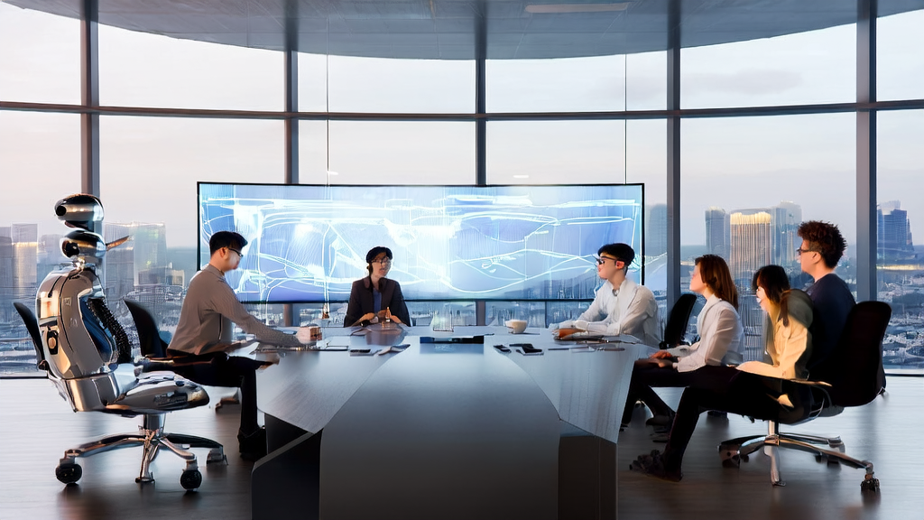 A modern office scene showcasing the use of AI-driven customer acquisition solutions to improve business efficiency