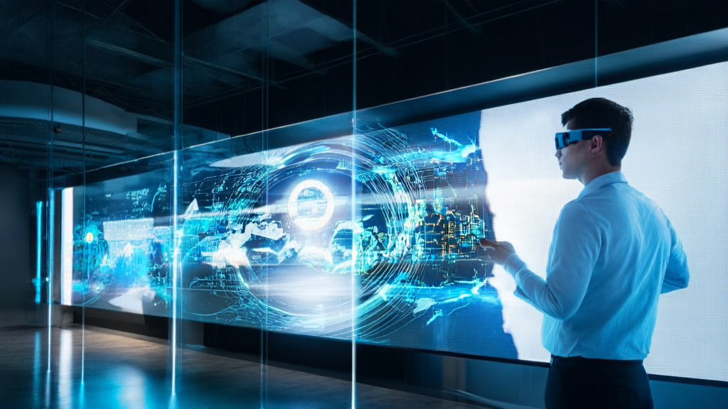 AI-driven customer acquisition solutions: In a modern office, an entrepreneur interacts with global clients via smart devices, with AI-generated personalized marketing videos displayed on screens.