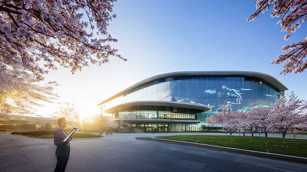 A young entrepreneur demonstrates the IBM Granite4.0Nano series model in front of a modern office building, symbolizing AI technology empowering cross-border e-commerce customer acquisition.