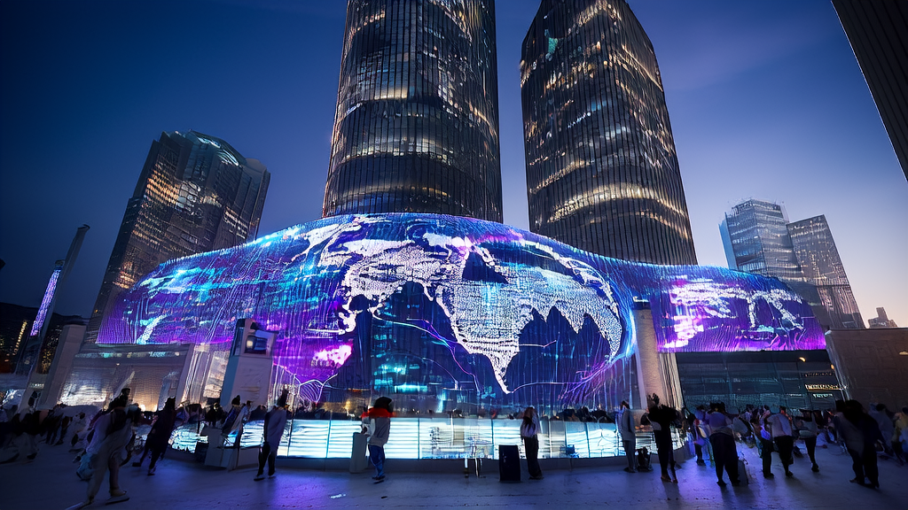 Futuristic city business center with an AI console processing global customer data in real-time