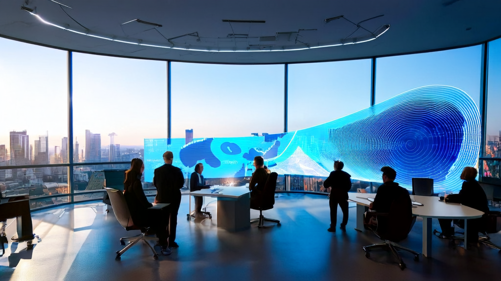 数据科学家在现代化办公室中讨论AI客户预测模型，屏幕上显示复杂的数据流和图表，窗外是美丽的城市天际线。