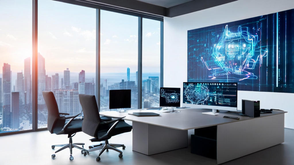 A modern office showcasing AI-driven customer acquisition solutions, featuring AI prediction models and multimodal content generation platforms.