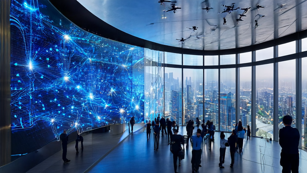 Tech professionals in a futuristic city discussing AI-driven customer acquisition solutions