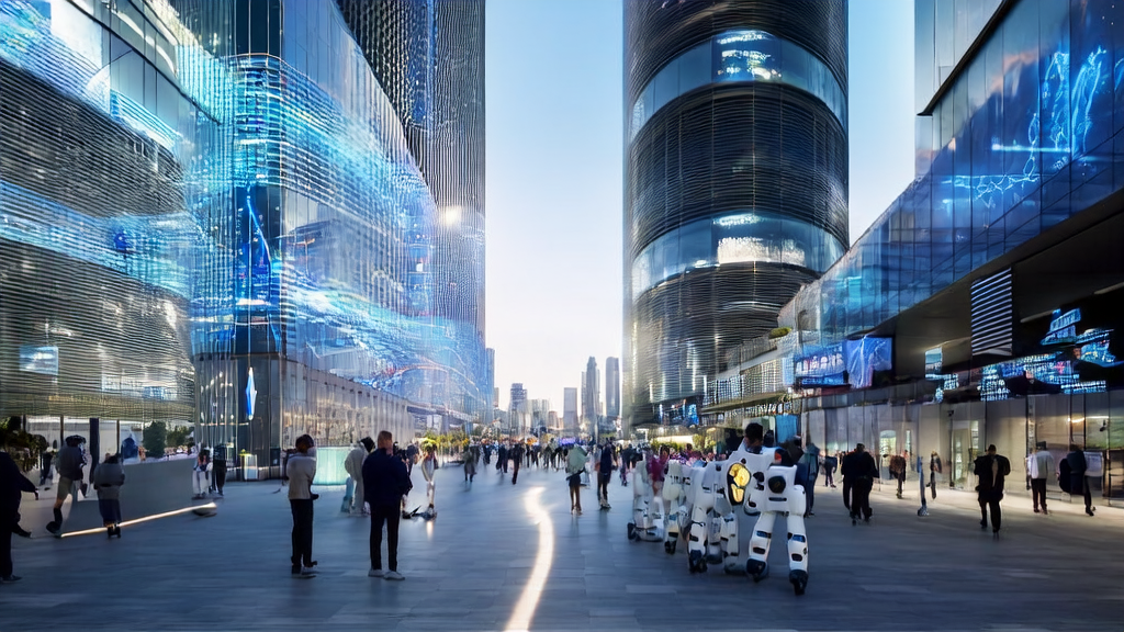 AI technology company in a futuristic city showcasing the latest AI-generated image recognition technology