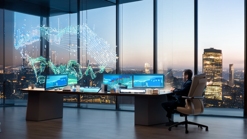 In a modern office, an entrepreneur uses AI technology to optimize advertising placement, precisely targeting users and reducing customer acquisition costs.