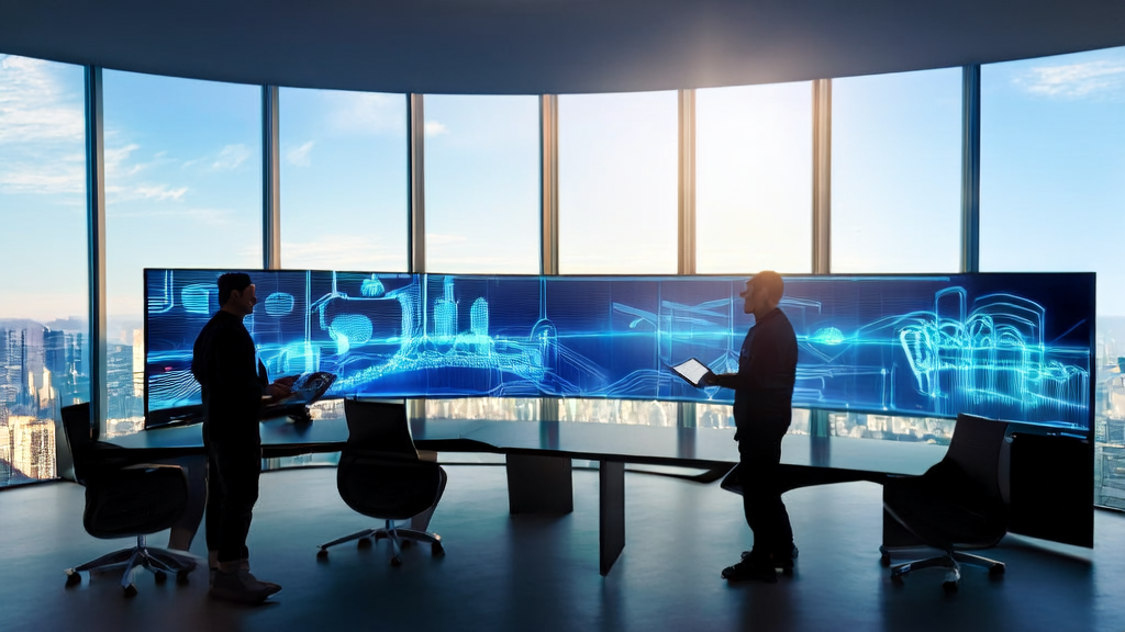 AI-driven customer acquisition solutions: A team in a modern office is utilizing AI technology to optimize customer acquisition processes and boost business growth.