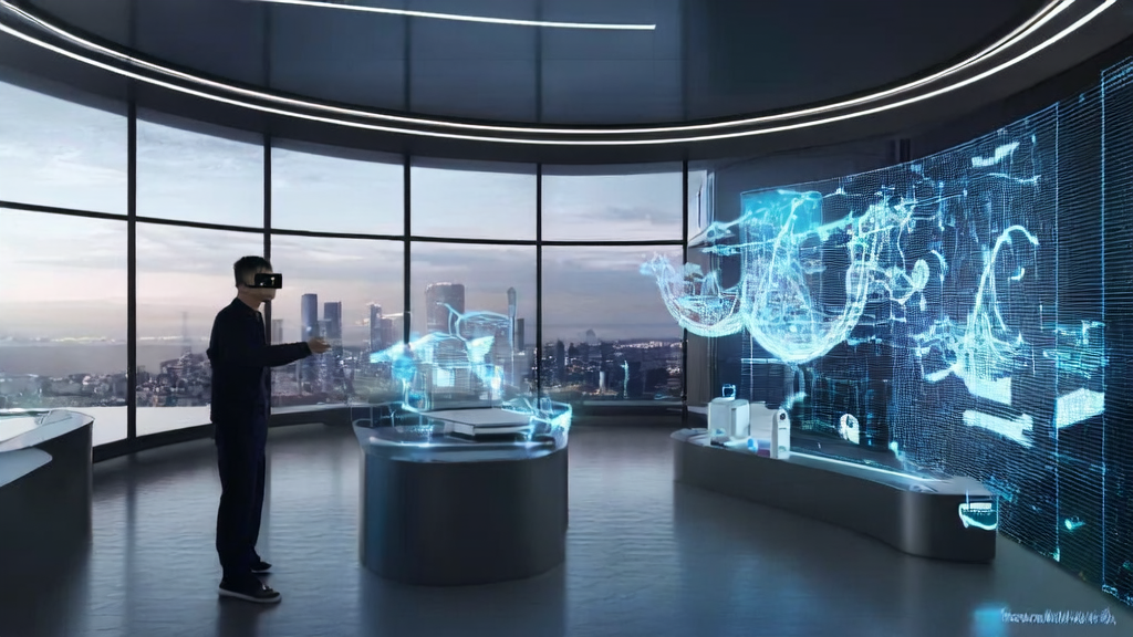 High-tech office in a futuristic city showcasing AI-driven customer acquisition solutions