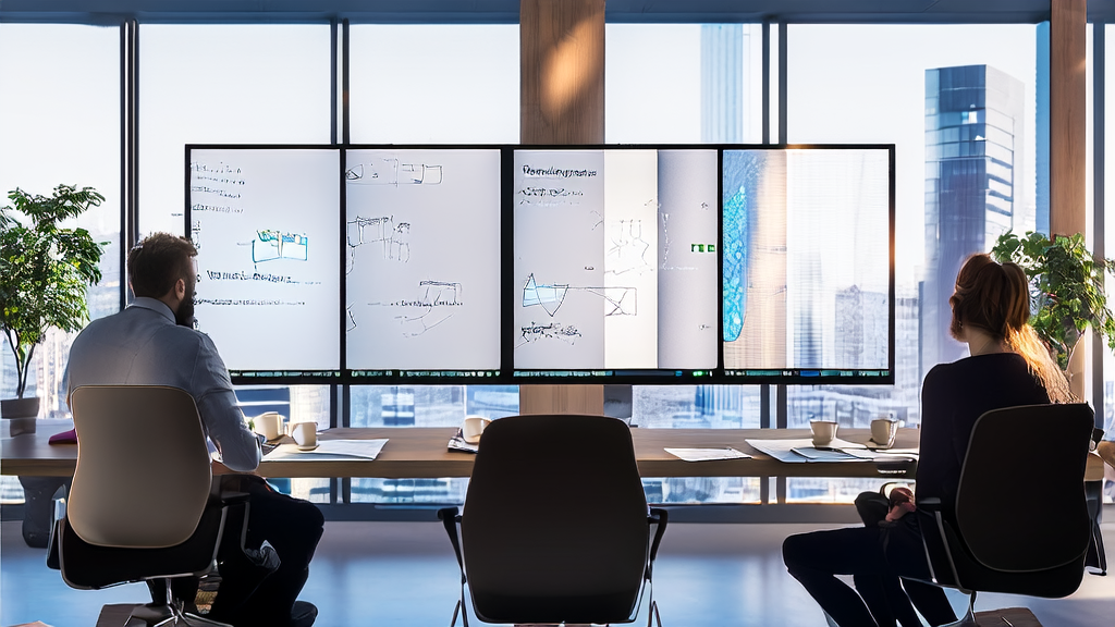 Designers and data scientists discussing AI customer prediction models and Figma AI image editing tools in an office