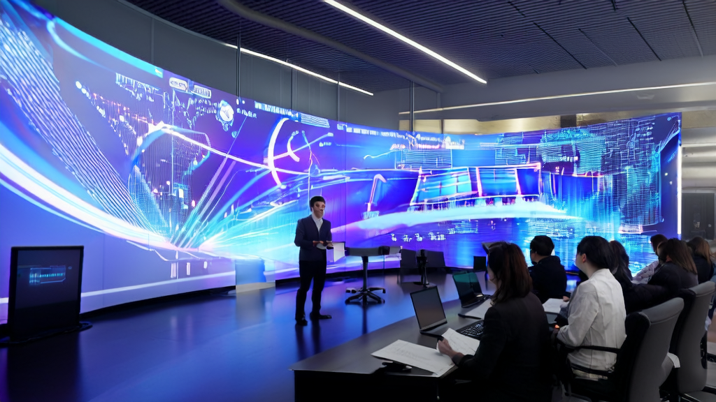 A modern office scene showcasing AI-driven customer acquisition solutions, including AI customer prediction models and market expansion strategies.