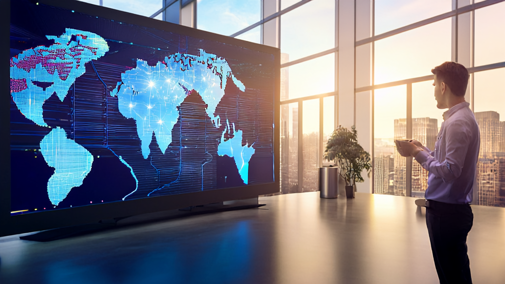 一位创业者在现代化办公室中利用AI技术进行客户获取，背景是复杂的数据分析图表和全球地图。