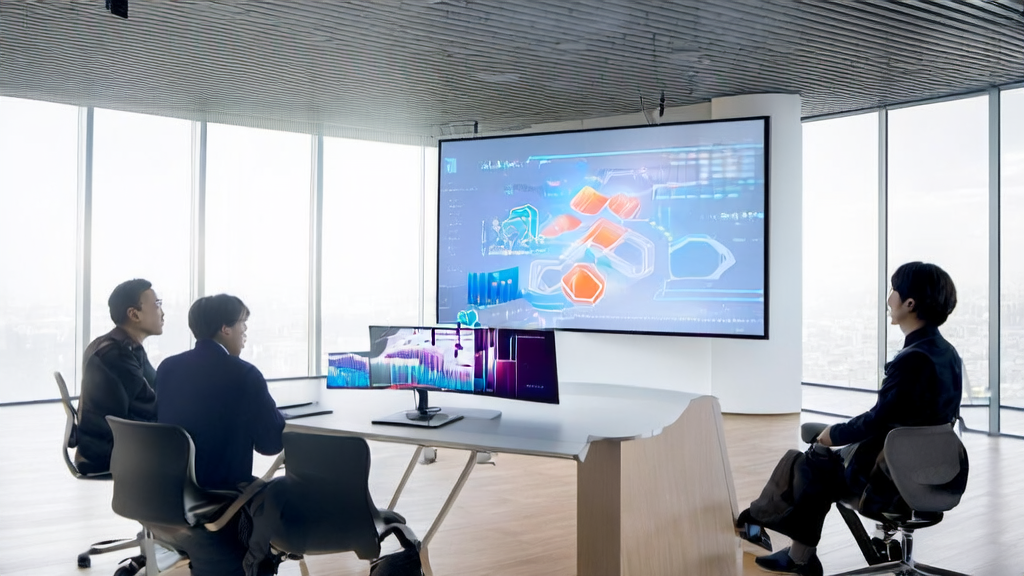 A modern office scene utilizing AI-driven customer acquisition solutions, showcasing efficient data processing and precise market insights.