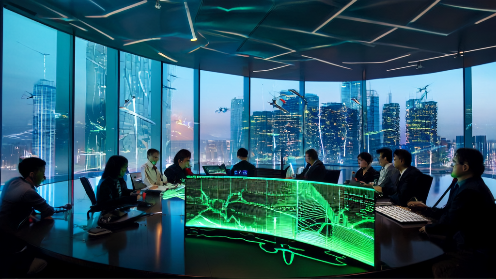 In a modern office, engineers are developing AI-driven customer acquisition solutions with the city skyline and ATOM plan logo in the background.
