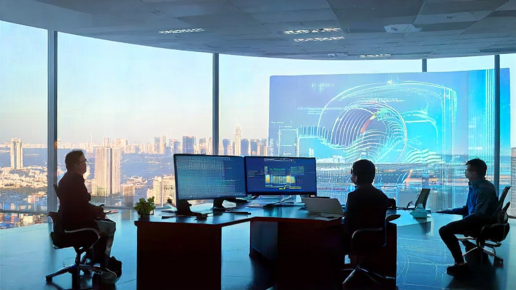 Employees in a modern office discussing AI-driven customer acquisition solutions and the application prospects of China National Petroleum's Kunlun model