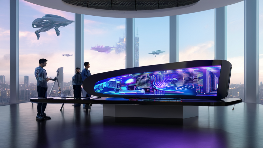 未来城市的现代化办公室中，工程师们正在使用AI技术优化客户获取解决方案，提高效率和业务增长。