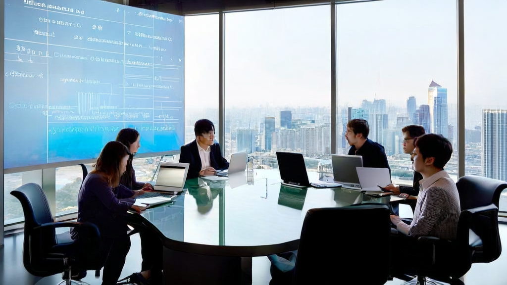 A modern office scene where a team discusses AI-driven customer acquisition solutions, with a chart showing NetEase's Q3 revenue on the background wall and personalized email marketing reports on laptops.