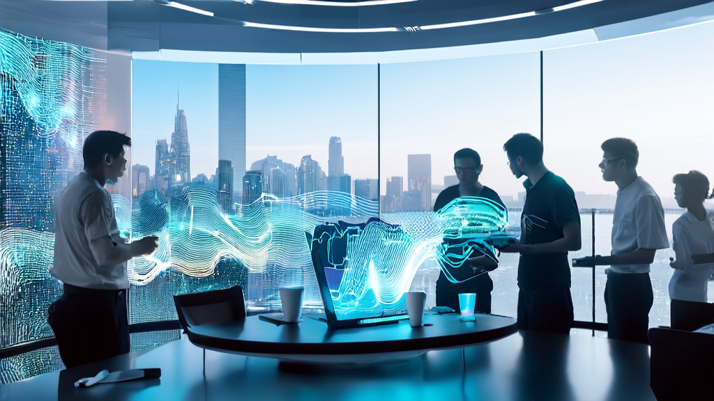 未来办公室内，程序员们正围绕AI驱动的客户获取解决方案进行讨论，屏幕上显示着复杂的数据流和算法。