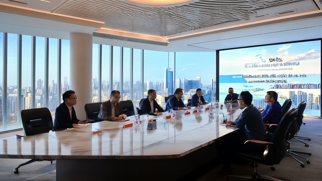 Business executives discussing AI-driven customer acquisition solutions in a meeting room, with a display of the Tencent HunYuan model architecture diagram