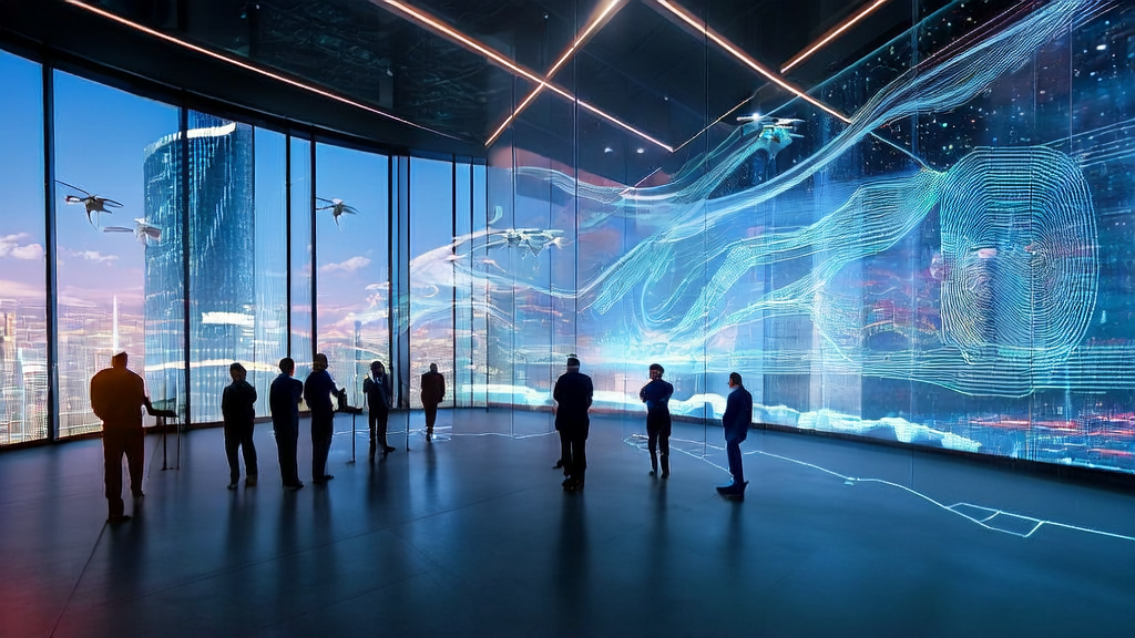 Data scientists analyze global market data using AI technology in a modern office, showcasing AI-driven customer acquisition solutions.