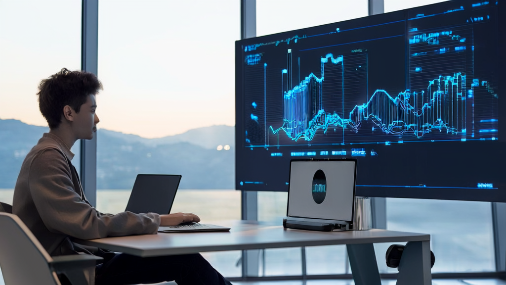 AI-driven customer acquisition solutions for cross-border commerce, showcasing a modern office where an entrepreneur uses AI technology to analyze customer data.